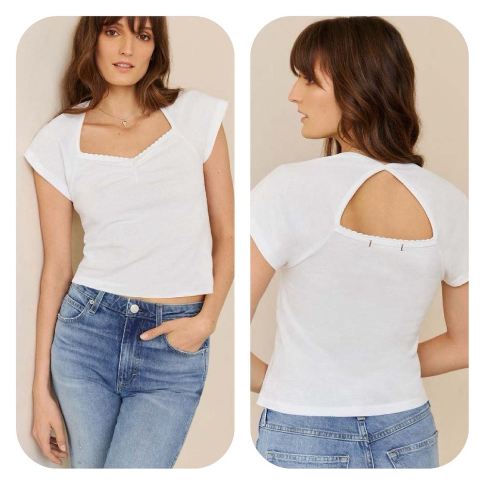 {AMO Denim} Scallop Short Sleeve Tee in White - Womens Small